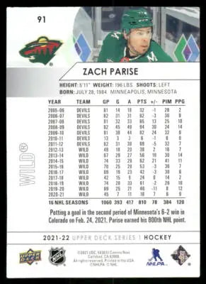 2021 Upper Deck Series 1 Zach Parise hockey trading card featuring Zach Parise