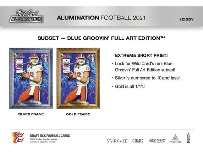 Product sheet for Blue Groovin Full Art Edition football trading cards in 2021 Wild Card Alumination Alumination Football Hobby Box with black chase packs