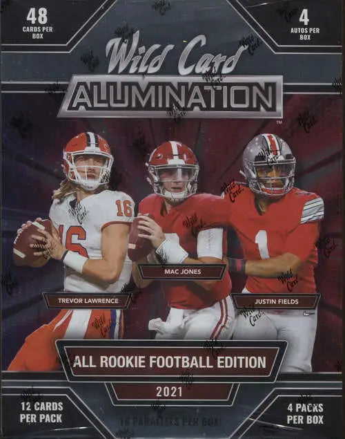 Sealed 2021 Wild Card Alumination Football Hobby Box with Rookie Cards and Autos featuring Trevor Lawrence, Mac Jones, and Justin Fields