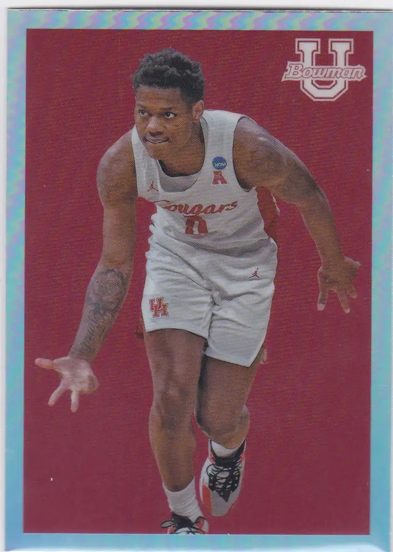 Basketball player in white uniform running on red background for Bowman Chrome University Marcus Sasser