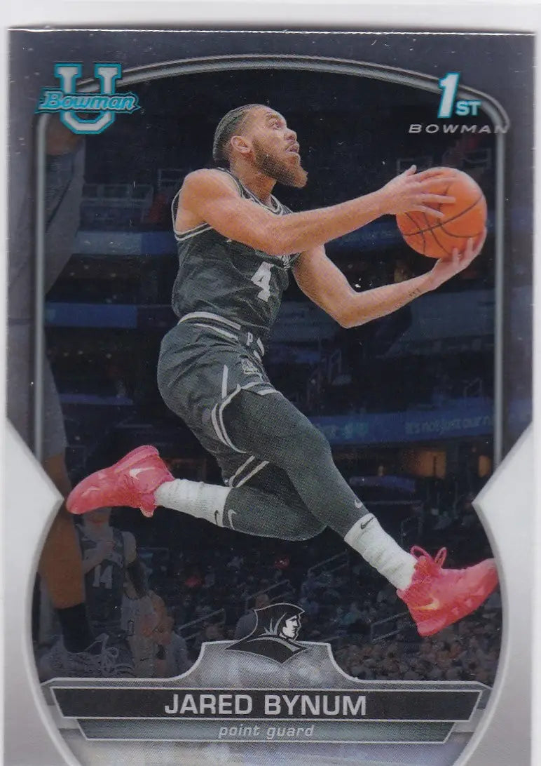 Basketball trading card of Jared Bynum Providence shooting in mid-air, Bowman Chrome University