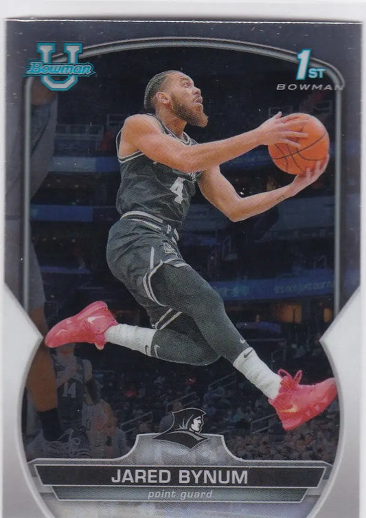 Basketball trading card of Jared Bynum Providence shooting in mid-air, Bowman Chrome University
