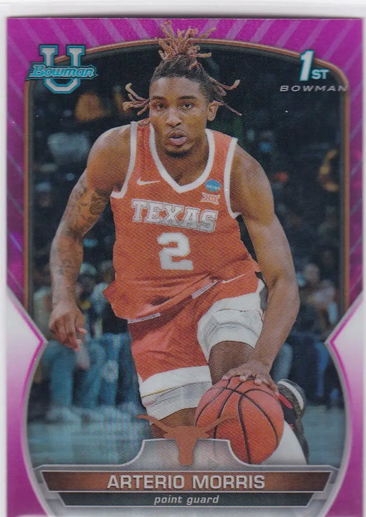 Basketball trading card of Arterio Morris in Texas Longhorns jersey, Bowman Chrome University Pink