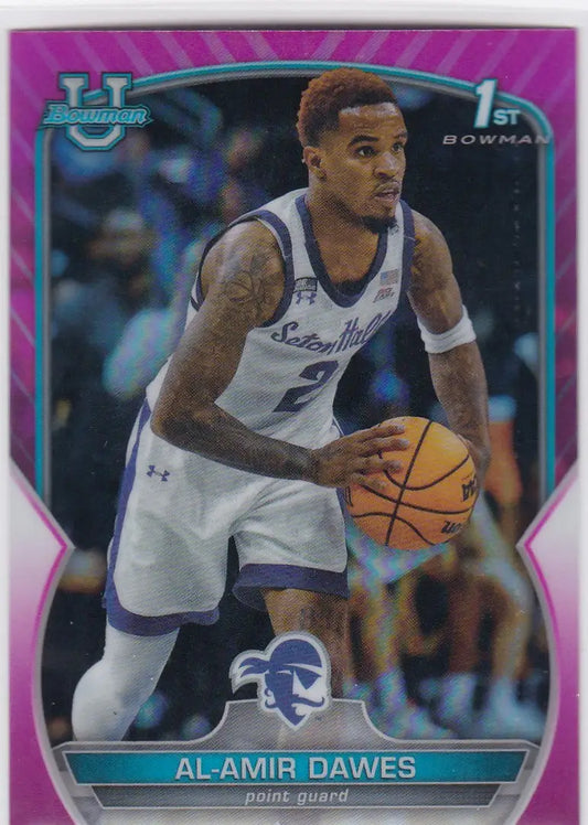 Basketball trading card of Al-Amir Dawes in white jersey dribbling ball, Bowman Chrome University Pink