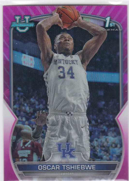 Basketball trading card of Oscar Tshiebwe Kentucky in white jersey 34 shooting ball
