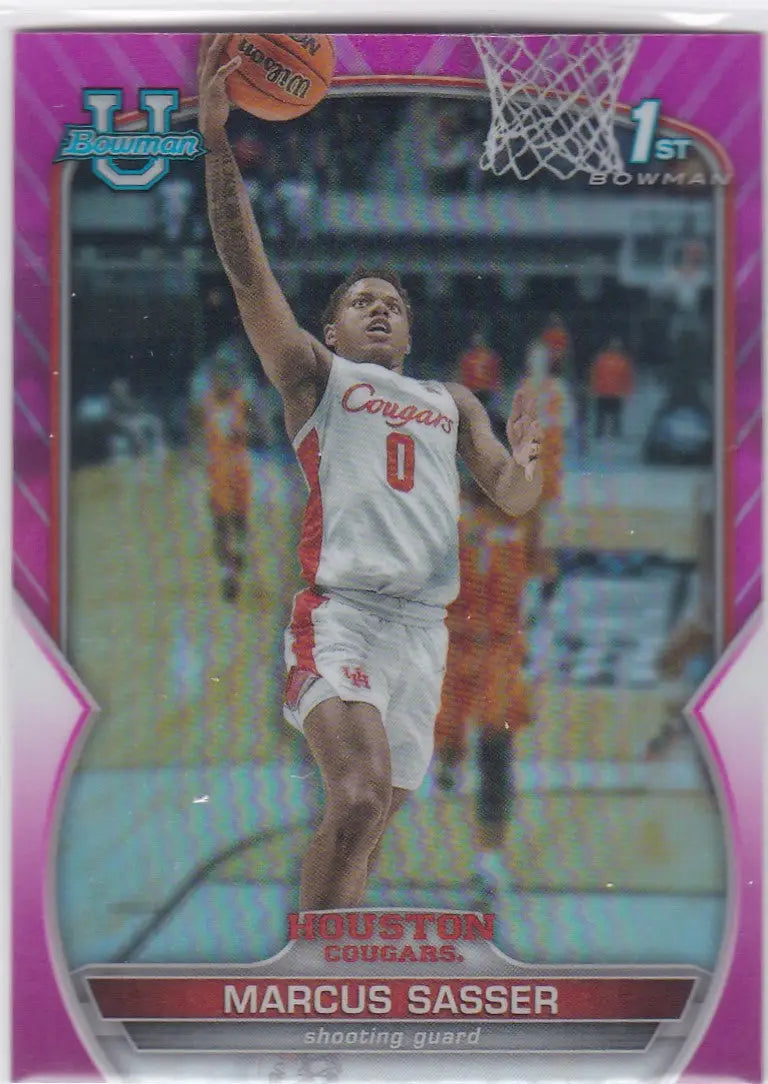 Basketball trading card of Marcus Sasser Houston in Bowman Chrome University Pink uniform