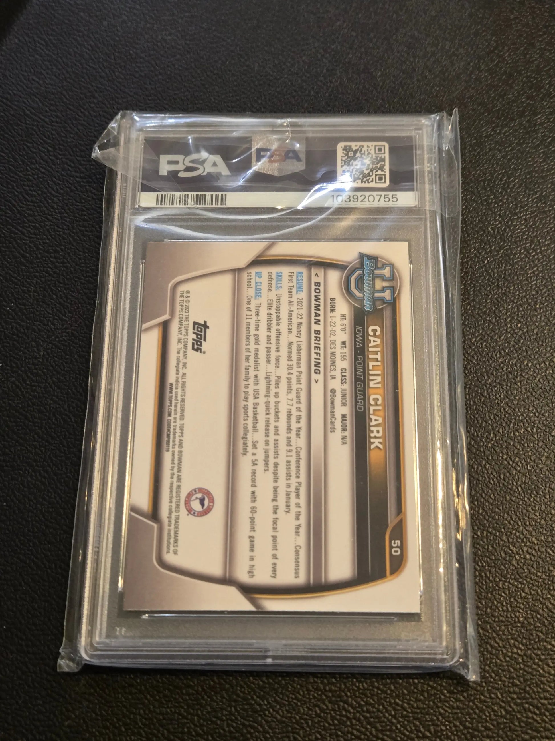 Graded Caitlin Clark Bowman University Chrome trading card in protective sleeve, PSA 8