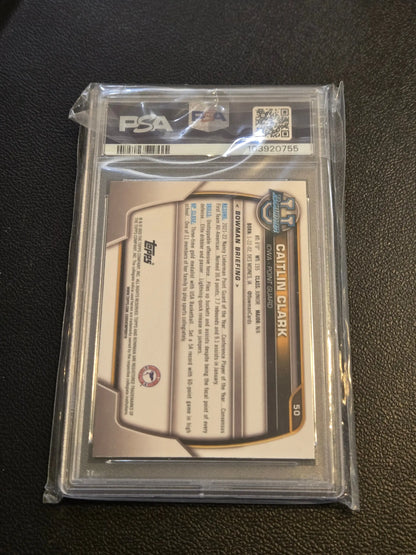 Graded Caitlin Clark Bowman University Chrome trading card in protective sleeve, PSA 8