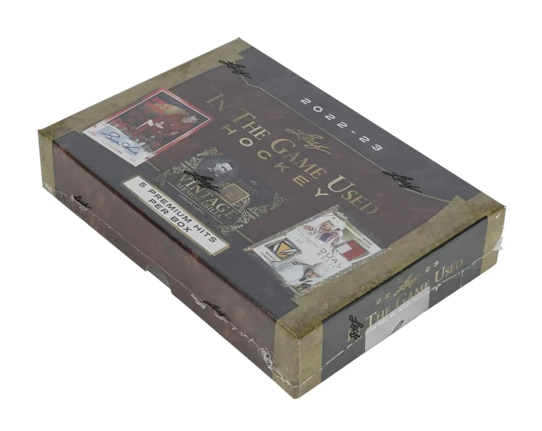 Sealed 2022/23 Leaf In The Game Used Hockey Hobby Box featuring Mario Lemieux and Gordie Howe