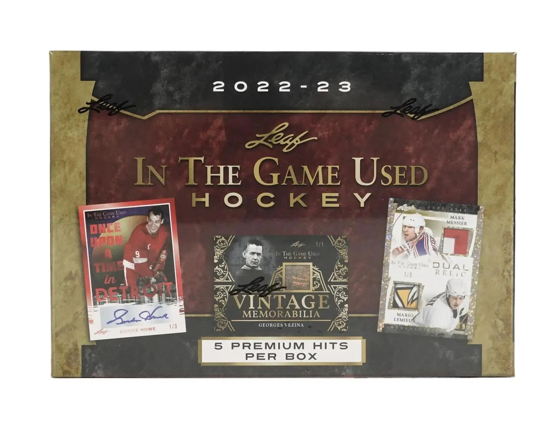 Leaf In The Game Used Hockey hobby box featuring Mario Lemieux and Gordie Howe memorabilia