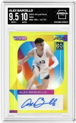 Graded Leaf Vivid Alex Barcello autographed basketball card displayed in 2022-23 Leaf Vivid basketball