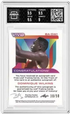 Autographed graded Leaf Vivid Dominique Wilkins card from 2022-23 Arena Club series