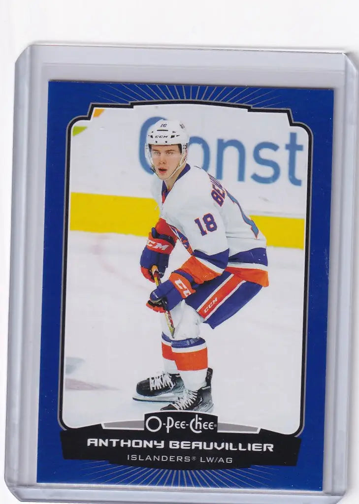 Hockey trading card of Anthony Beauvillier in OPC Hockey Blue jersey number 18