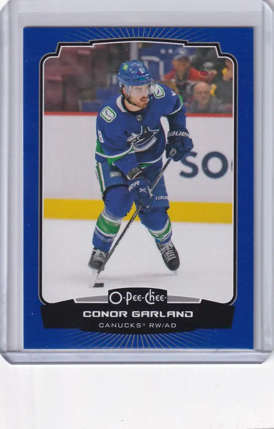 Hockey trading card featuring Conor Garland in OPC Hockey Blue uniform for Vancouver Canucks