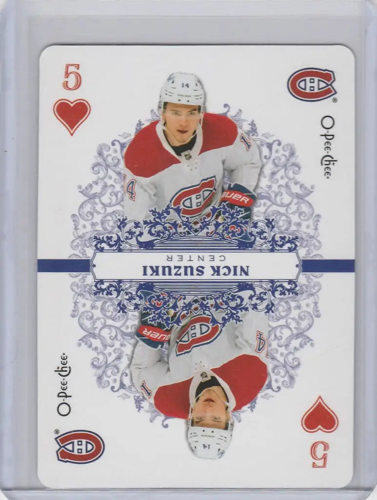 Nick Suzuki Montreal Canadiens hockey trading card from OPC Hockey Playing Cards #5-Hearts