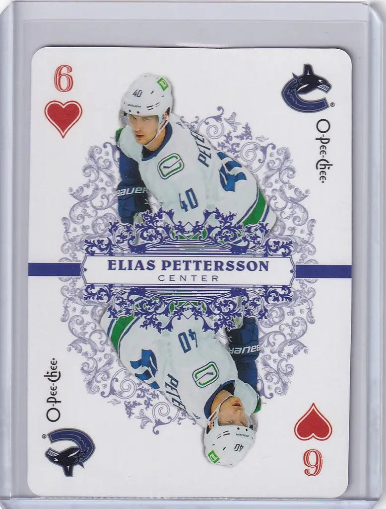 Hockey trading card of Elias Pettersson from OPC Hockey Playing Cards featuring Vancouver Canucks