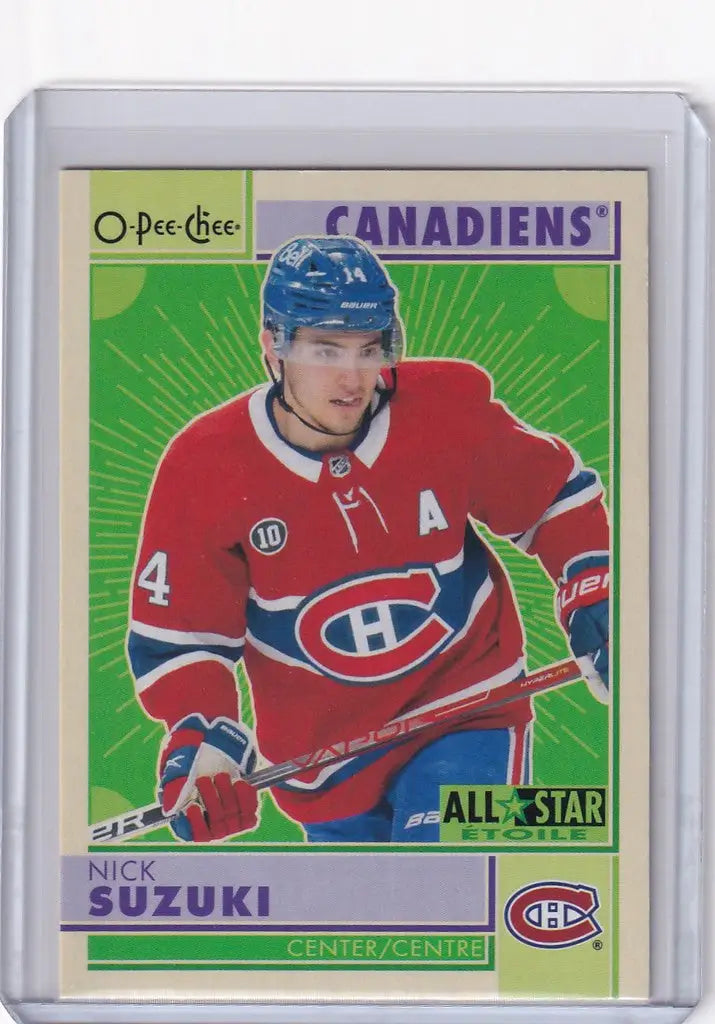 Hockey trading card of Nick Suzuki in red jersey for 2022-23 OPC Hockey Retro #512