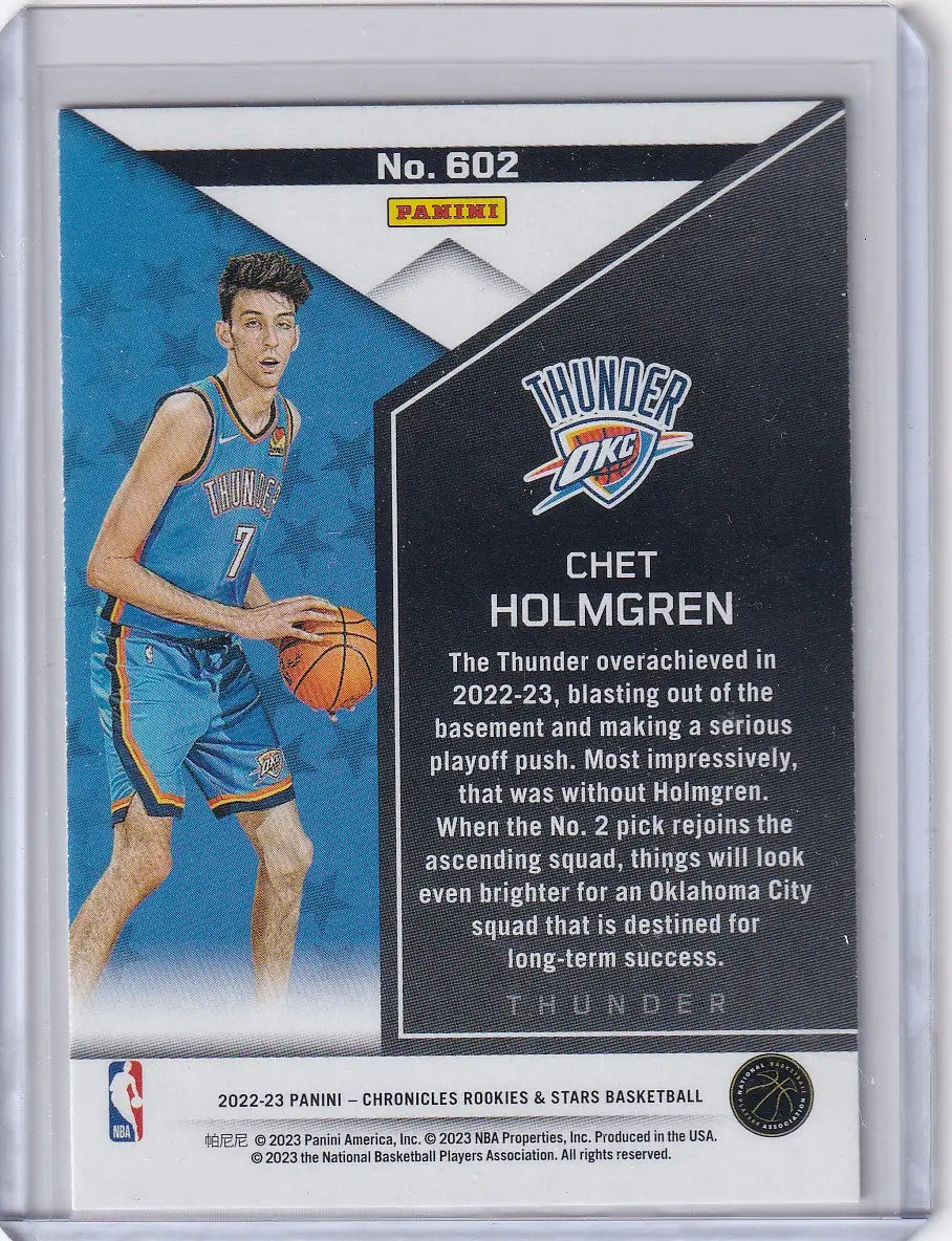 Basketball trading card of Chet Holmgren from Oklahoma City Thunder 2022-23 Panini series
