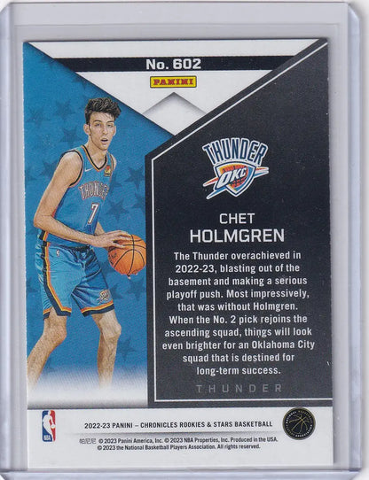 Basketball trading card of Chet Holmgren from Oklahoma City Thunder 2022-23 Panini series