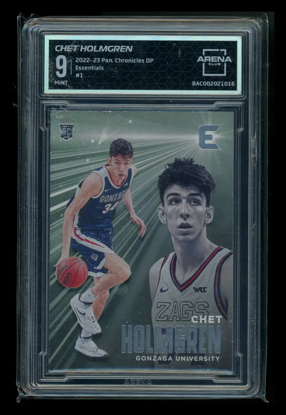 Basketball card with holographic design of Chet Holmgren in Gonzaga uniform from Panini Chronicles