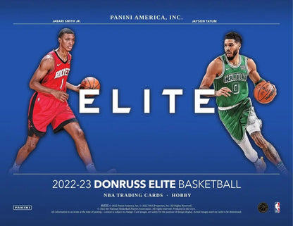 2022-23 Donruss Elite Basketball Hobby Box cover with NBA players in red and green jerseys