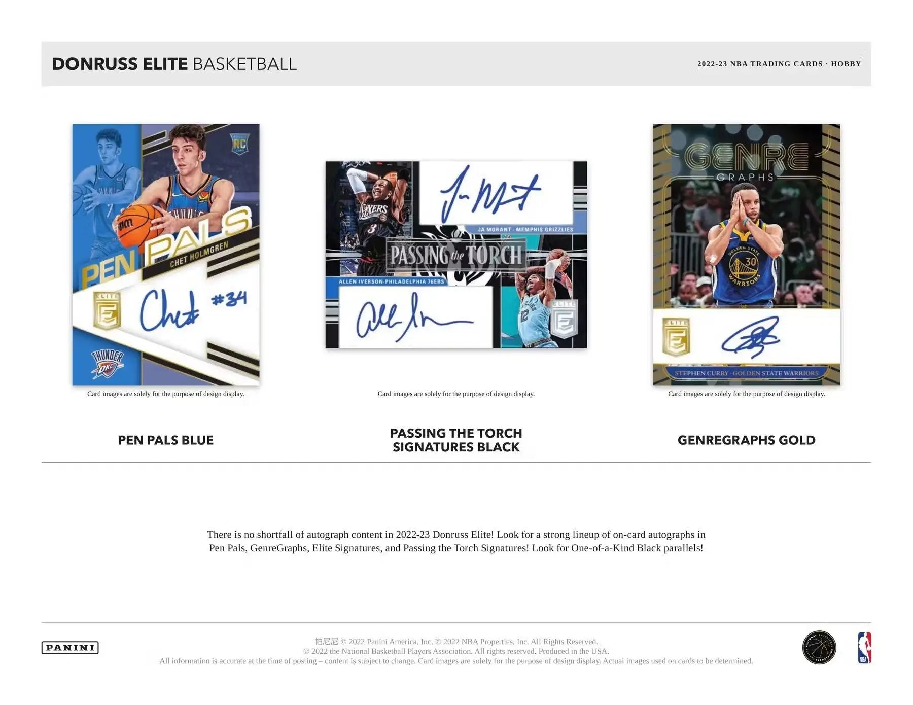 Promotional page for Donruss Elite Basketball trading cards showcasing autograph sets in 2022-23 Donruss Elite Hobby Box