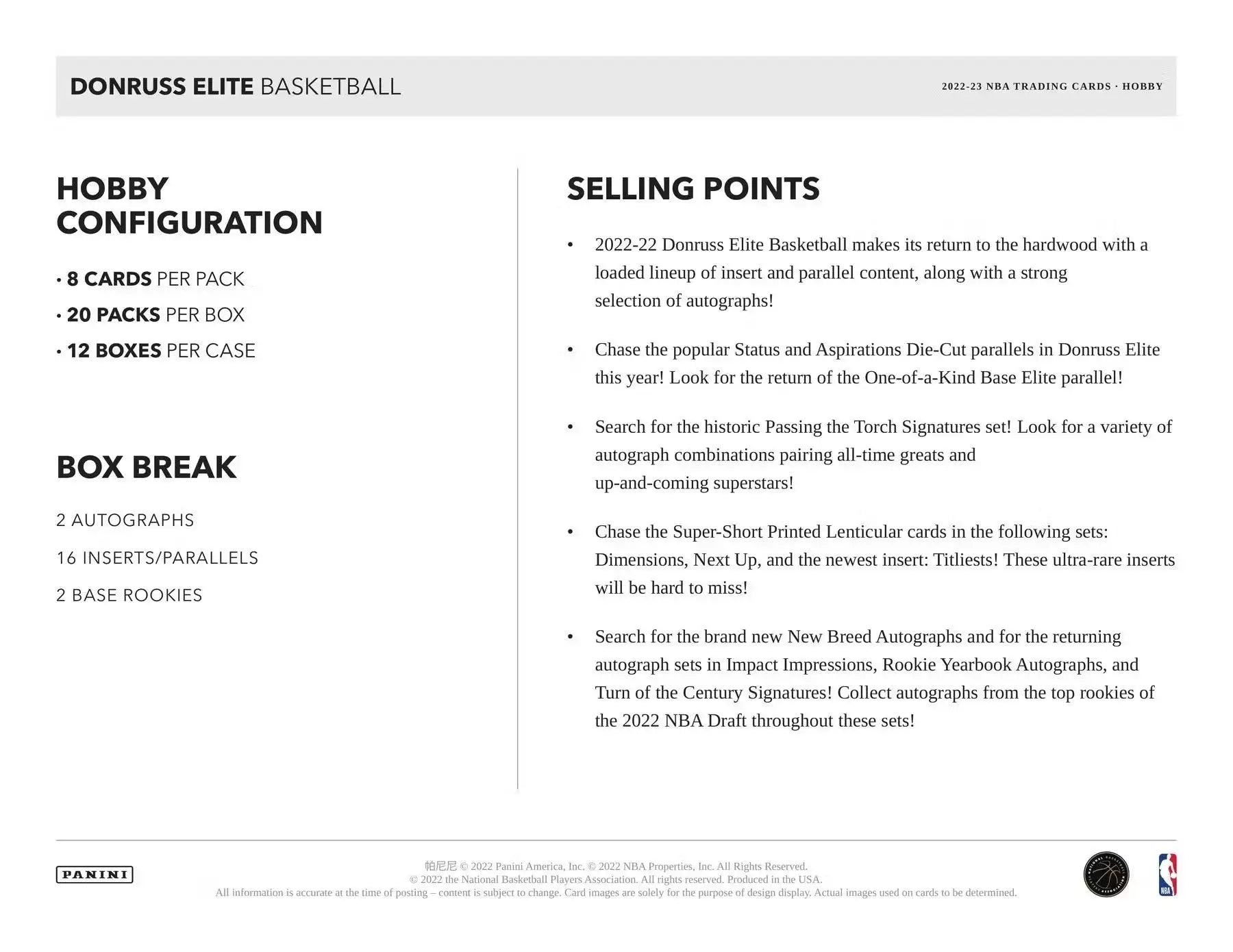 Product sheet for 2022-23 Donruss Elite Basketball with configuration and selling points