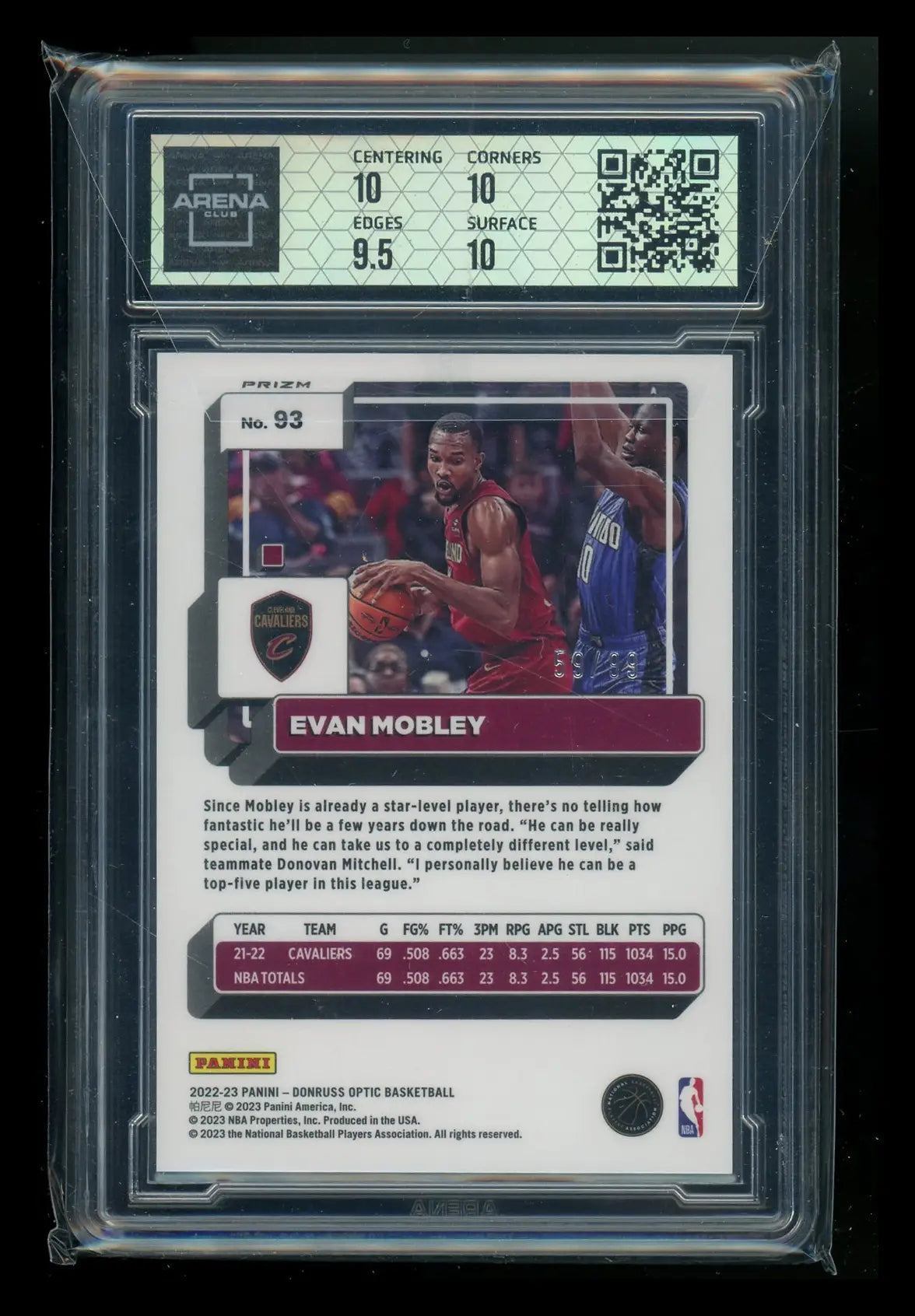 Graded NBA basketball trading card of Evan Mobley from Panini Donruss Optic series