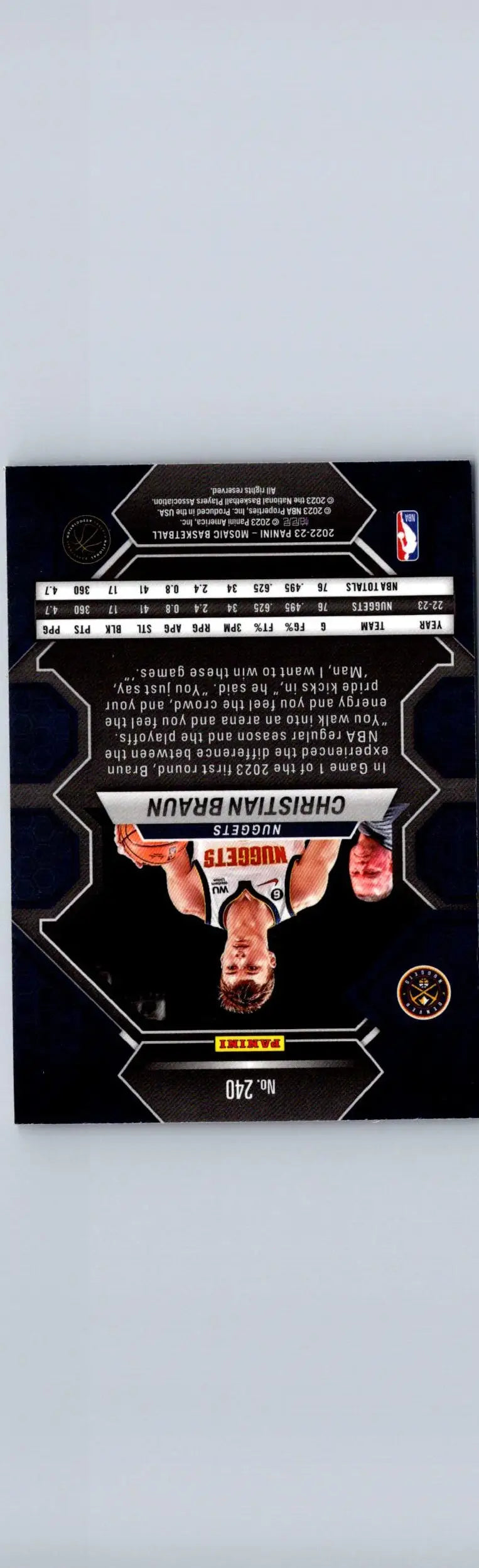 Christian Braun basketball card from 2022-23 Panini Mosaic series showcasing player highlights