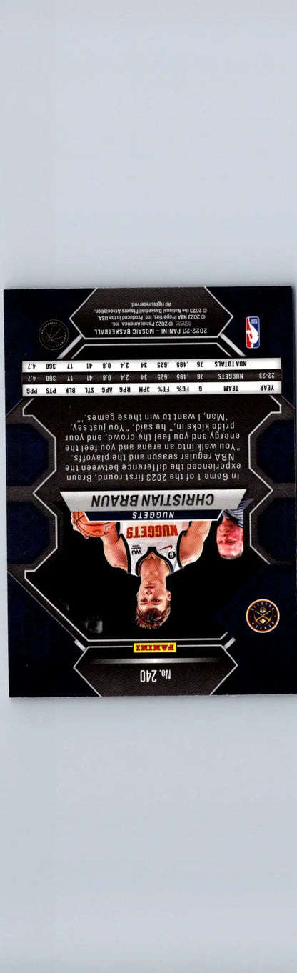 Christian Braun basketball card from 2022-23 Panini Mosaic series showcasing player highlights