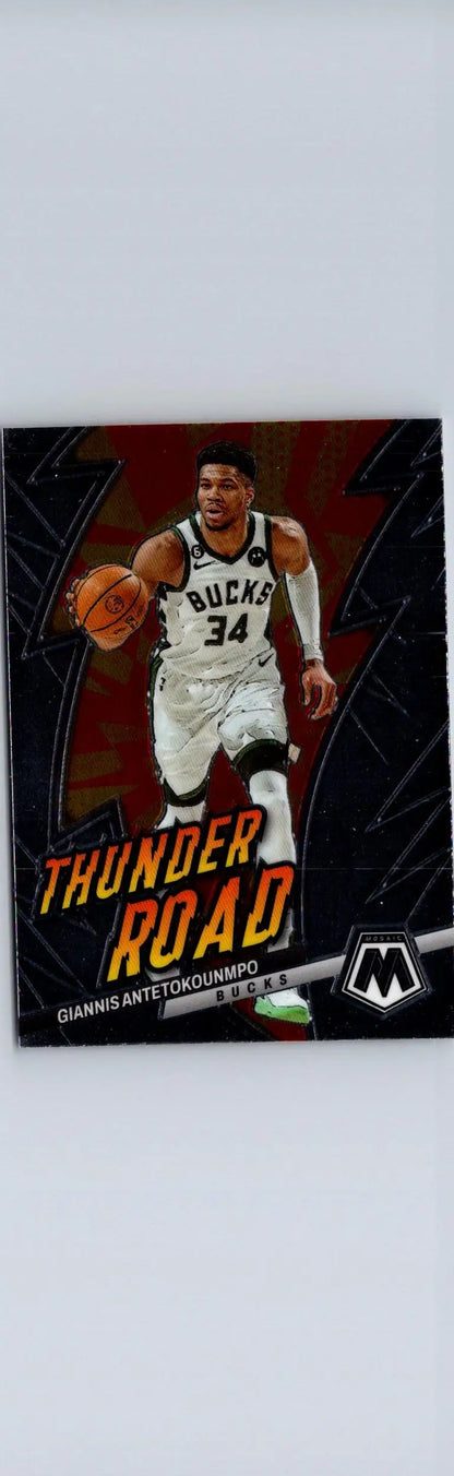 Basketball card featuring Giannis Antetokounmpo Thunder Road from 2022-23 Panini Mosaic