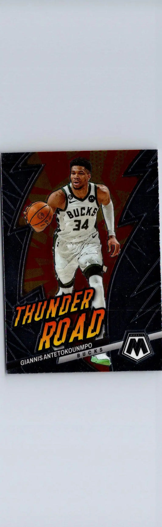 Basketball card featuring Giannis Antetokounmpo Thunder Road from 2022-23 Panini Mosaic