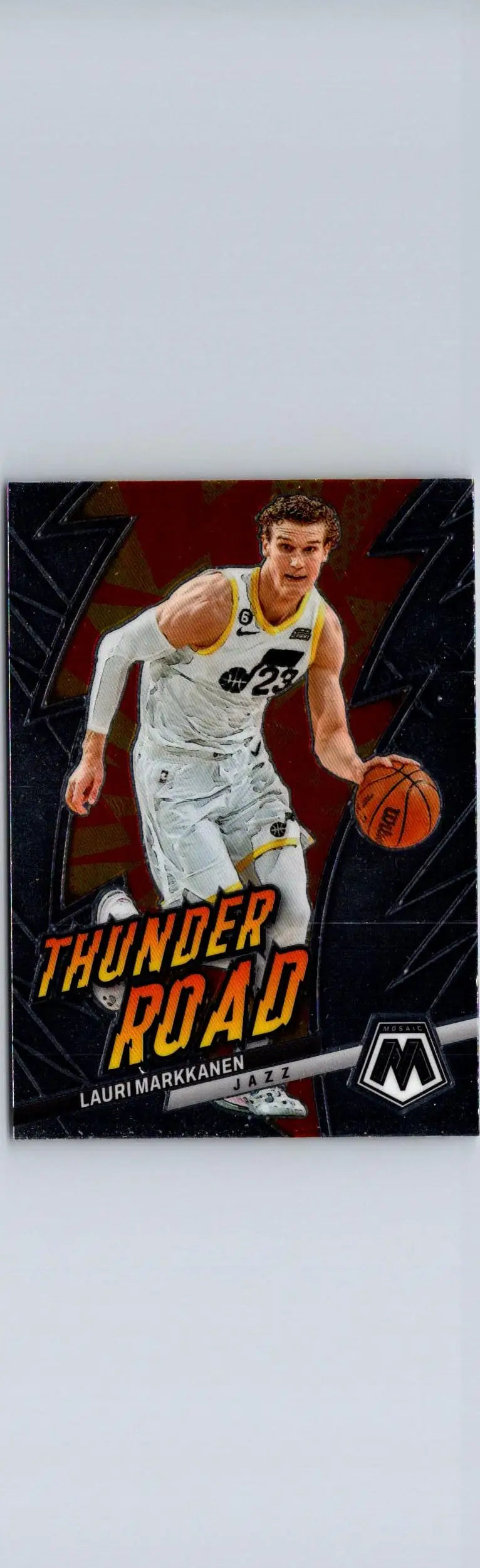 Lauri Markkanen basketball card from 2022-23 Panini Mosaic Markkanen Thunder Road series