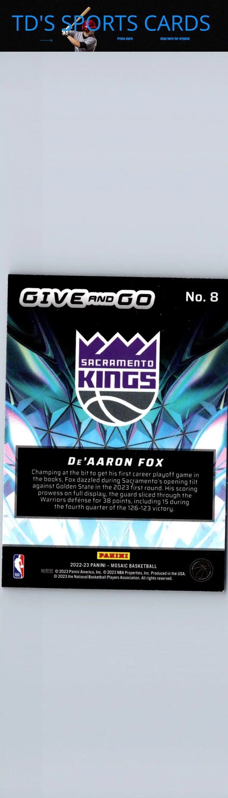 2022-23 Panini Mosaic #8 De’Aaron Fox Give and Go basketball trading card collectible