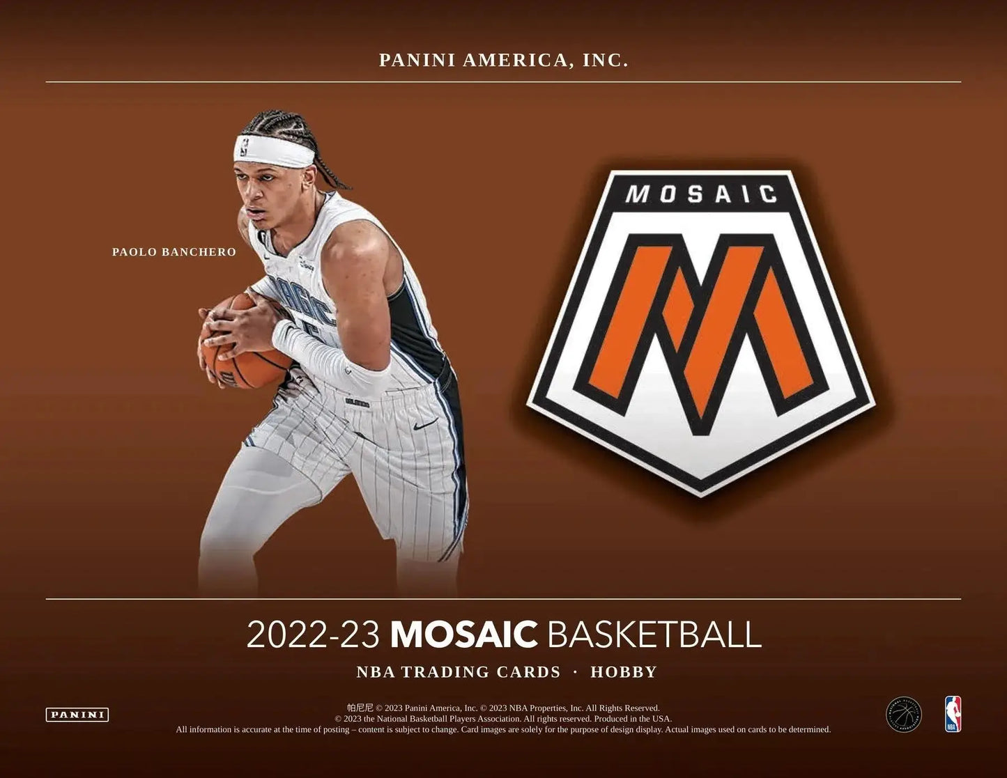 Promotional poster for 2022-23 Panini Mosaic Basketball hobby box featuring Paolo Banchero rookie autographs