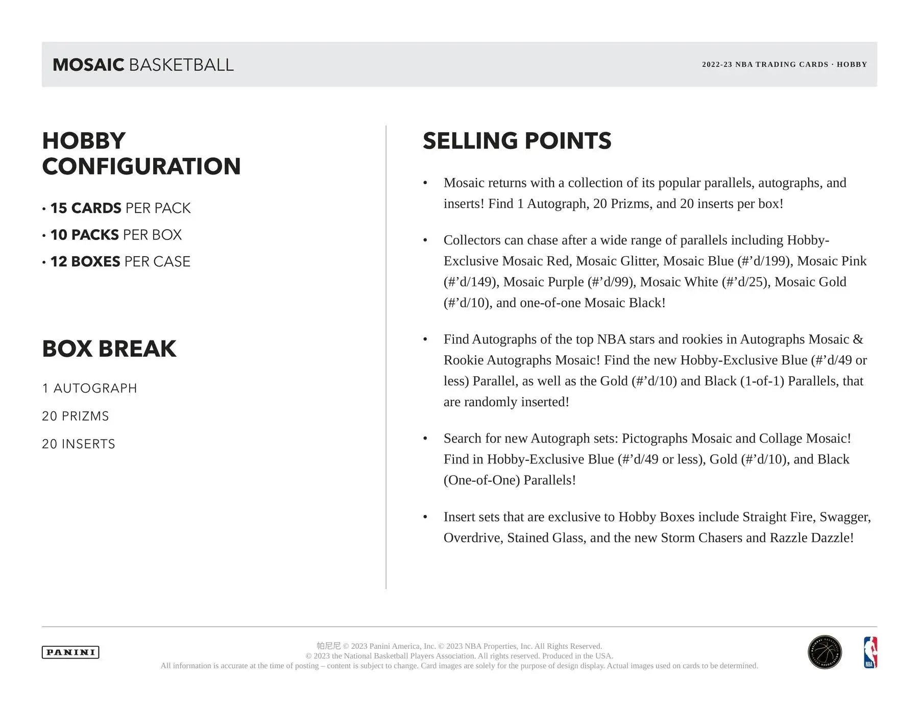 Sales sheet for 2022-23 Panini Mosaic Basketball hobby box showcasing rookie autographs