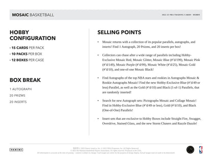 Sales sheet for 2022-23 Panini Mosaic Basketball hobby box showcasing rookie autographs