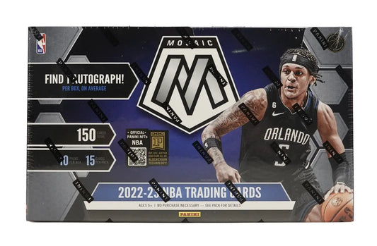 Box of 2022-23 Panini Mosaic Basketball rookie autographs trading cards