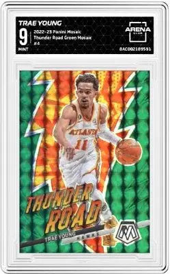 Trae Young basketball card 2022-23 Panini Mosaic Thunder Road Green Arena Club