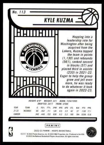 Black and white Kyle Kuzma basketball trading card from Panini NBA Hoops 2022-23