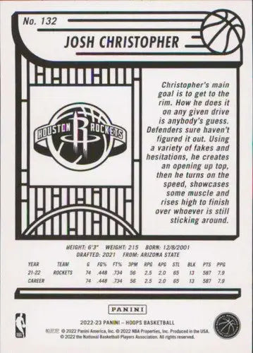 Back of 2022-23 Panini NBA Hoops Josh Christopher Rockets trading card image
