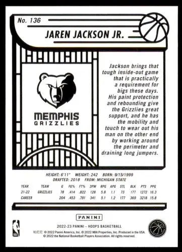 Basketball trading card of Jaren Jackson Jr. from Panini NBA Hoops 2022-23 series