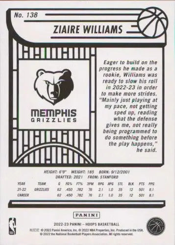Original gloss Panini NBA Hoops Ziaire Williams trading card from 2022-23 NBA NBA NBA