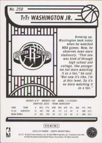 TyTy Washington Jr. basketball card from 2022-23 Panini NBA Hoops original gloss RC