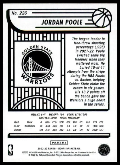 2022-23 Panini NBA Hoops Jordan Poole #226 Golden State Warriors Basketball Card