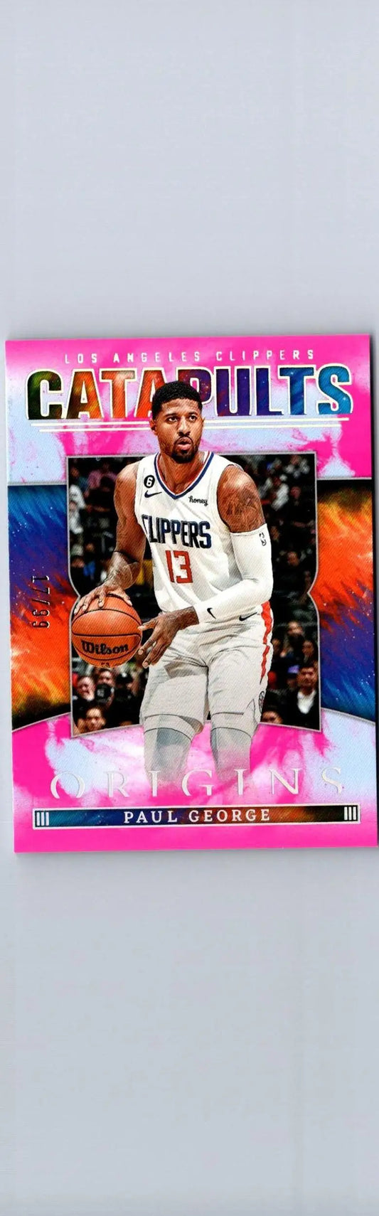 Paul George basketball card from 2022-23 Panini Origins Catapults Pink #/99