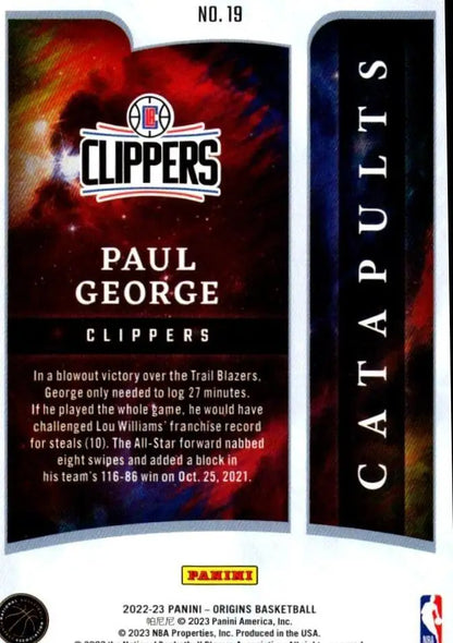 Paul George Catapults Pink basketball card from 2022-23 Panini Origins #19, limited #/99