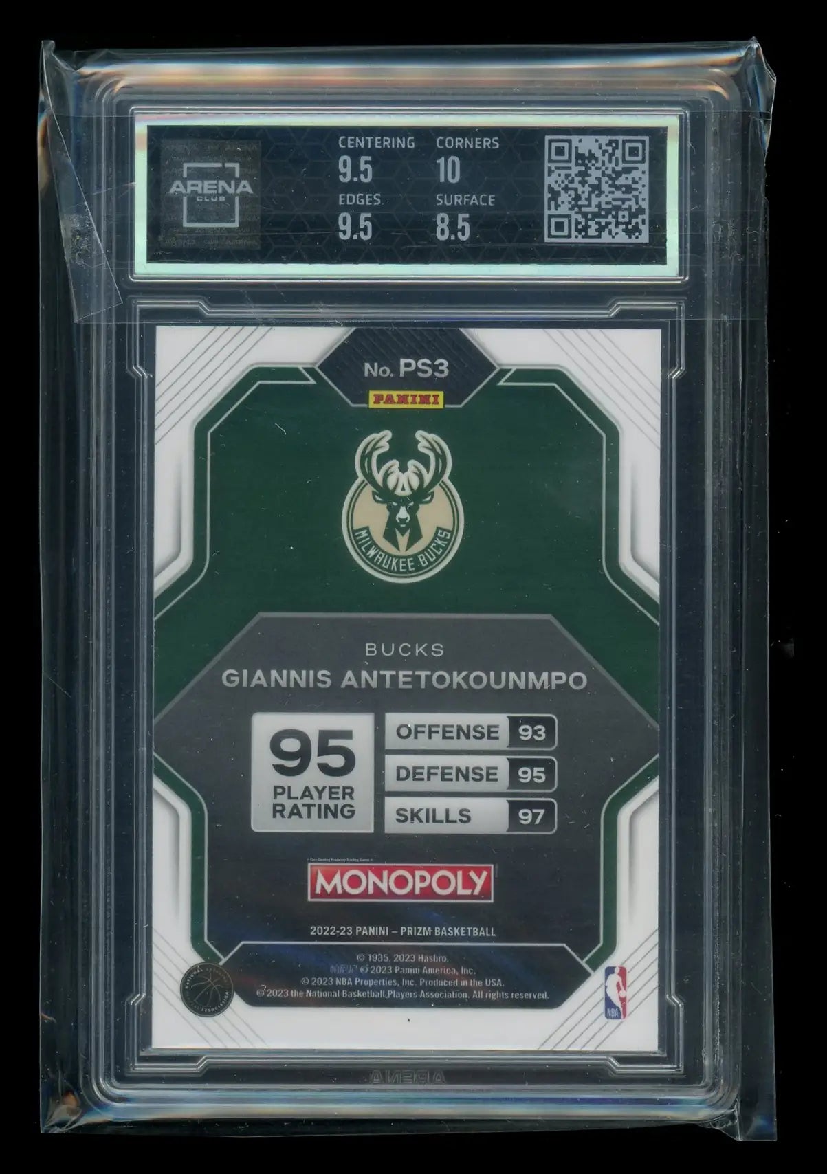 Giannis Antetokounmpo NBA Panini Prizm Monopoly basketball card with 95 player rating