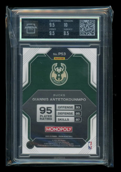 Giannis Antetokounmpo NBA Panini Prizm Monopoly basketball card with 95 player rating