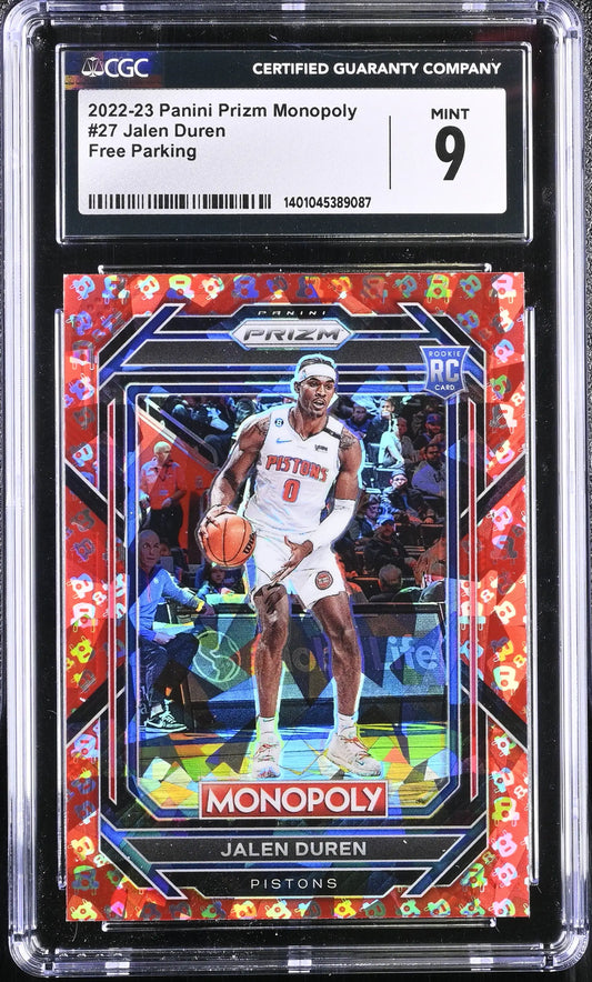 Graded Panini Prizm Monopoly Jalen Duren basketball card CGC 9 display